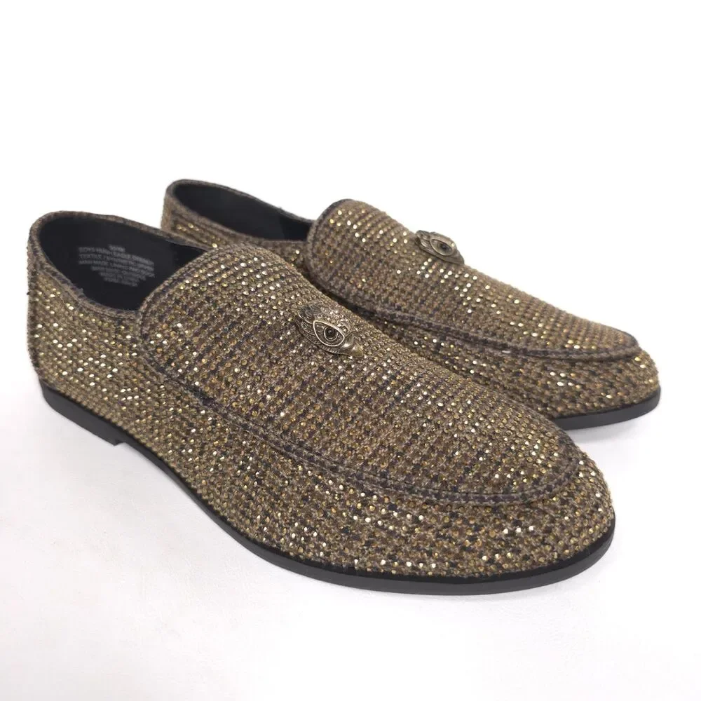 KURT GEIGER Boys New Hugh Loafers Shoes 3M Crystal Embellished Brown DRENCH EU34